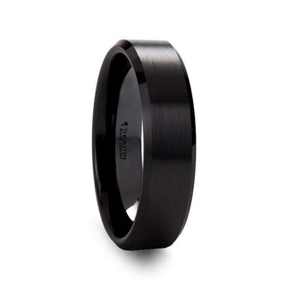 YORKSHIRE Brushed Finish Black Ceramic Wedding Band with Beveled Edges 6mm or 8mm - Thorsten Rings