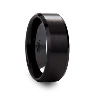 YORKSHIRE Brushed Finish Black Ceramic Wedding Band with Beveled Edges 6mm or 8mm - Thorsten Rings