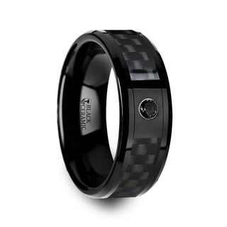 ABERDEEN Black Ceramic Ring with Black Diamond Wedding Band and Black Carbon Fiber Inlay - 8mm - Thorsten Rings