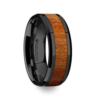 THRACIAN Carpathian Wood Inlaid Black Ceramic Ring with Bevels - 6mm & 8mm - Thorsten Rings