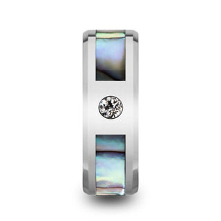 HONOLULU Mother of Pearl Inlay Tungsten Carbide Ring with Beveled Edges and White Diamond - 8mm - Thorsten Rings