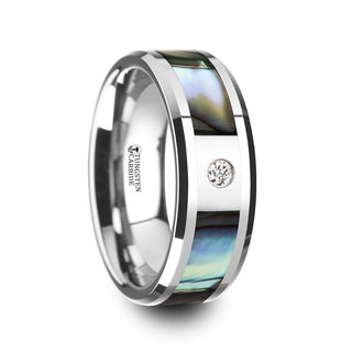 HONOLULU Mother of Pearl Inlay Tungsten Carbide Ring with Beveled Edges and White Diamond - 8mm - Thorsten Rings