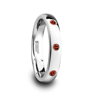 MAERA Polished and Domed Tungsten Carbide Wedding Ring with 3 Red Rubies Setting - 4mm - Thorsten Rings