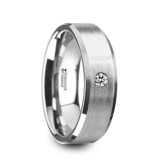 PORTER Brushed Finish Tungsten Carbide Wedding Ring with White Diamond Setting and Beveled Edges- 6 mm & 8 mm - Thorsten Rings