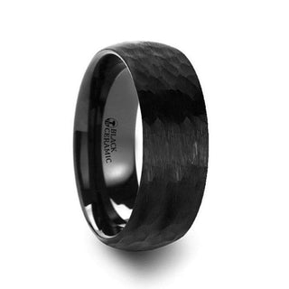 RAGNAROK Domed Hammer Finish Black Ceramic Wedding Band with Brushed Finish - 6mm & 8mm - Thorsten Rings