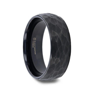 RENEGADE Domed Hammer Finish Black Tungsten Carbide Wedding Band with Brushed Finish - 6mm or 8mm - Thorsten Rings