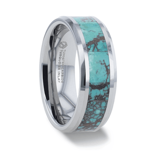 TURKIS Turquoise Spider Web Inlay Tungsten Carbide ring with Beveled Polished Edges - 8mm - Thorsten Rings