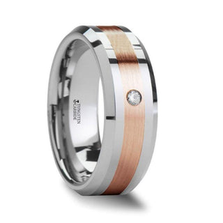 ENZO Rose Gold Inlaid Beveled Tungsten Ring with Diamond - 8mm - Thorsten Rings