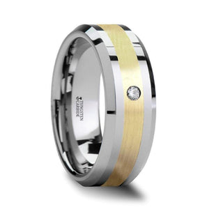 FABIAN 14K Gold Inlaid Beveled Tungsten Ring with Diamond - 8mm - Thorsten Rings