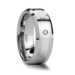 GAUTIER Palladium Inlaid Beveled Tungsten Ring with Diamond - 8mm - Thorsten Rings