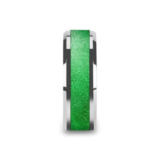 LAWRENCE Tungsten Carbide Bevel Edged Men’s Ring with Sparkling Green Inlay - 8mm - Thorsten Rings