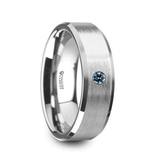 MOORE Flat Brushed Center Polished Beveled Edges Men’s Tungsten Wedding Band with Blue Diamond Setting - 6mm & 8mm - Thorsten Rings