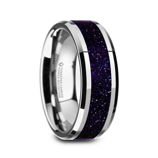 MAKI Men’s Beveled Polished Finish Tungsten Wedding Ring with Purple Goldstone Inlay - 8mm - Thorsten Rings