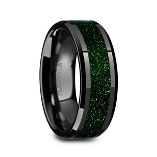 GIOVANNI Men’s Polished Finish Black Ceramic Beveled Wedding Band with Green Goldstone Inlay - 8mm - Thorsten Rings