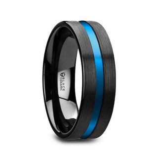 WESTLEY Flat Brushed Finish Black Ceramic Men’s Wedding Ring with Blue Grooved Center - 8mm - Thorsten Rings