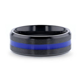 DECLAN Men’s Beveled Black Ceramic Brushed Finish Wedding Band with Polished Blue Stripe - 8mm - Thorsten Rings