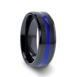DECLAN Men’s Beveled Black Ceramic Brushed Finish Wedding Band with Polished Blue Stripe - 8mm - Thorsten Rings
