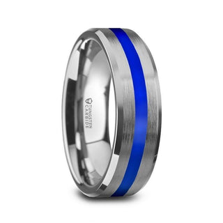 LAWSON Men’s Beveled Edges White Tungsten Brushed Finish Wedding Ring with Blue Stripe - 8mm - Thorsten Rings
