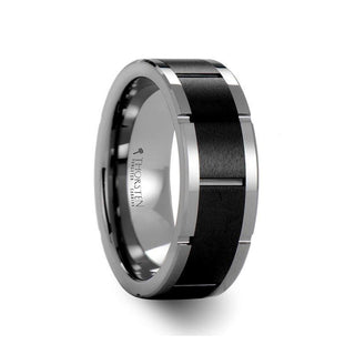 ROCHESTER Tungsten Ring With Horizontal Grooved Black Ceramic Center - 8mm - Thorsten Rings