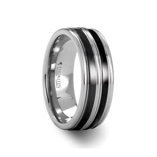 LEVIATHAN Grooved Tungsten Ring With Dual Offset Black Ceramic Inlays - 8mm - Thorsten Rings