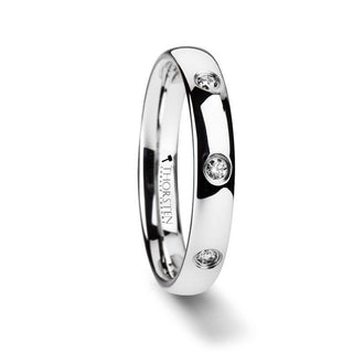 ISABELLA Domed White Tungsten Wedding Band with 3 Diamonds - 4 mm - Thorsten Rings