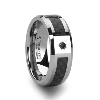 BENTLEY Tungsten Wedding Band with Black Carbon Fiber and Black Diamond Setting - 8mm - Thorsten Rings