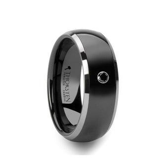 GOTHAM Domed Black Ceramic Comfort Fit Wedding Band with Polished Tungsten Edges and Black Diamond Setting - 8mm - Thorsten Rings