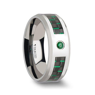 ASPEN Tungsten Carbide Ring with Black & Green Carbon Fiber and Green Emerald - 8mm - Thorsten Rings