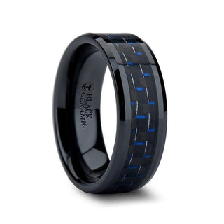 AVITUS Black Beveled Ceramic Ring with Blue & Black Carbon Fiber Inlay - 4mm - 10mm - Thorsten Rings