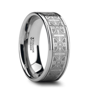 DEACON Flat Tungsten Ring Laser Engraved Celtic Crosses - 8mm - Thorsten Rings