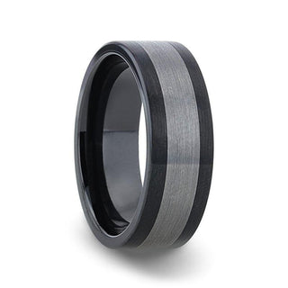 ENDAST Ceramic Inlay Black Tungsten Wedding Band With Flat Brushed Edges - 8mm - Thorsten Rings