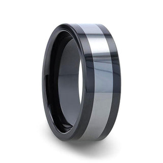 HUSKEY Ceramic ring with Tungsten Inlay Wedding Band With Flat Polished Edges - 8mm - Thorsten Rings