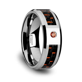 NOAH Tungsten Ring with Black and Orange Carbon Fiber and Orange Padparadscha Setting - 8mm - Thorsten Rings
