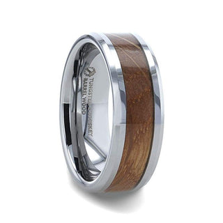 DISTILLED Whiskey Barrel Inlaid Tungsten Men's Wedding Band With Beveled Polished Edges Made From Genuine Whiskey Barrels - 8mm - Thorsten Rings