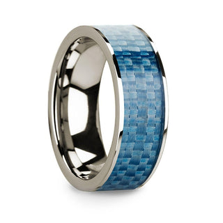 Flat 14k White Gold with Blue Carbon Fiber Inlay and Polished Edges - 8mm - Thorsten Rings