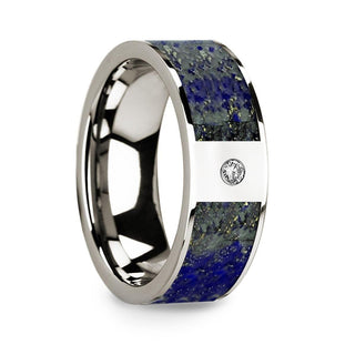 Flat 14k White Gold with Blue Lapis Lazuli Inlay & White Diamond Setting - 8mm - Thorsten Rings