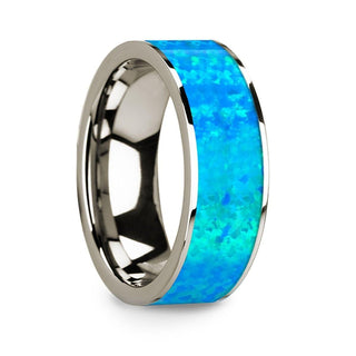 Flat 14k White Gold with Blue Opal Inlay and Polished Edges - 8mm - Thorsten Rings
