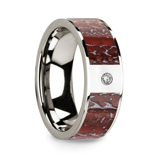 Flat 14k White Gold with Red Dinosaur Bone Inlay & White Diamond Setting - 8mm - Thorsten Rings