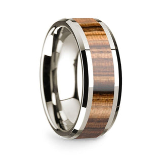 14k White Gold Polished Beveled Edges Wedding Ring with Zebra Wood Inlay - 8 mm - Thorsten Rings