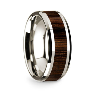 14k White Gold Polished Beveled Edges Wedding Ring with Black Walnut Inlay - 8 mm - Thorsten Rings