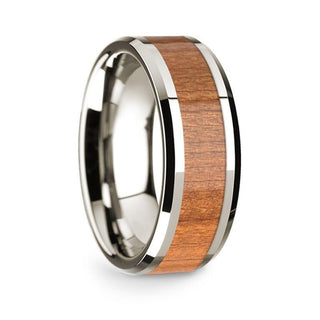 14k White Gold Polished Beveled Edges Wedding Ring with Sapele Inlay - 8 mm - Thorsten Rings