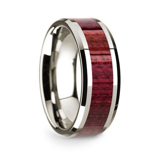 14k White Gold Polished Beveled Edges Wedding Ring with Purpleheart Wood Inlay - 8 mm - Thorsten Rings