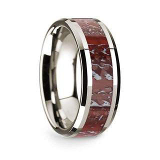 14k White Gold Polished Beveled Edges Wedding Ring with Red Dinosaur Bone Inlay - 8 mm - Thorsten Rings