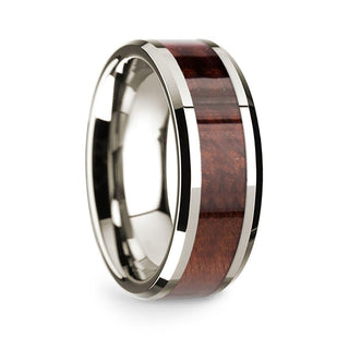 14k White Gold Polished Beveled Edges Wedding Ring with Redwood Inlay - 8 mm - Thorsten Rings