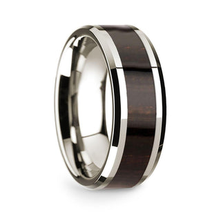 14k White Gold Polished Beveled Edges Wedding Ring with Ebony Wood Inlay - 8 mm - Thorsten Rings