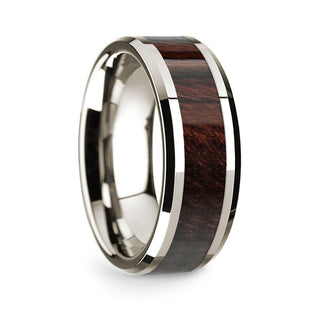 14k White Gold Polished Beveled Edges Wedding Ring with Bubinga Wood Inlay - 8 mm - Thorsten Rings