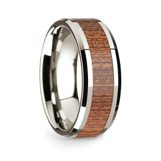 14k White Gold Polished Beveled Edges Wedding Ring with Cherry Wood Inlay - 8 mm - Thorsten Rings