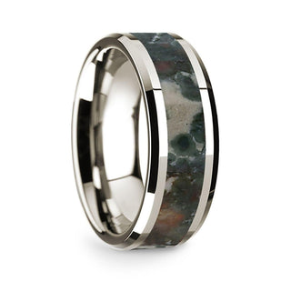 14k White Gold Polished Beveled Edges Wedding Ring with Coprolite Inlay - 8 mm - Thorsten Rings