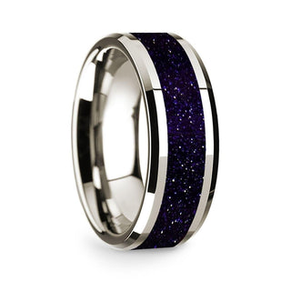 14k White Gold Polished Beveled Edges Wedding Ring with Purple Goldstone Inlay - 8 mm - Thorsten Rings