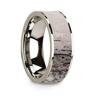 Flat Polished 14k White Gold Wedding Ring with Ombre Deer Antler Inlay - 8 mm - Thorsten Rings